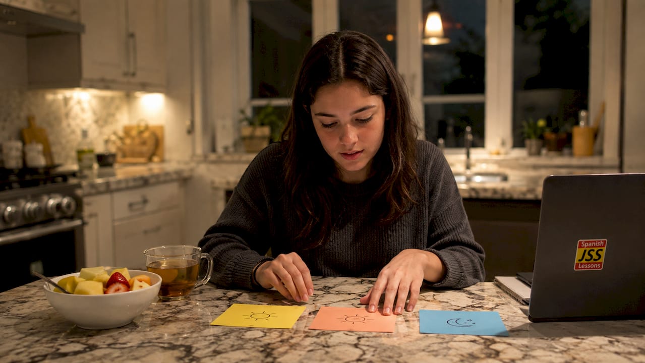 Teen studying Spanish time of day phrases with flashcards