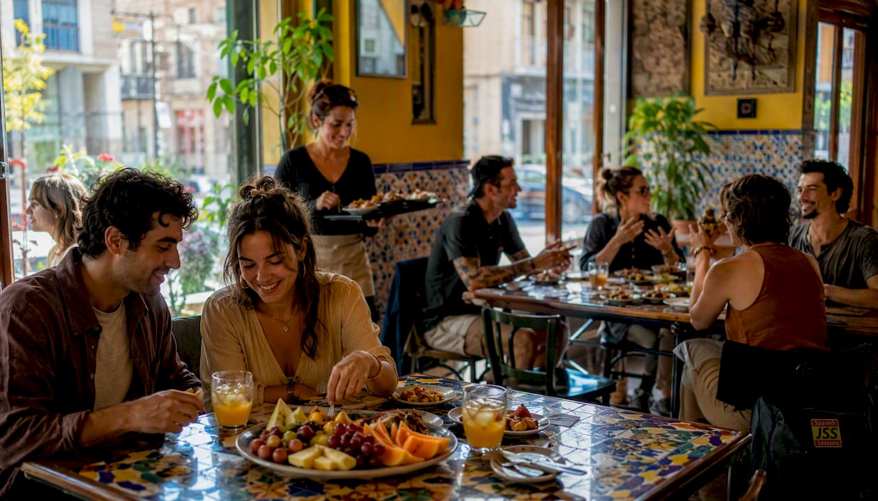 Busy Spanish restaurant serving menú del día at lunch