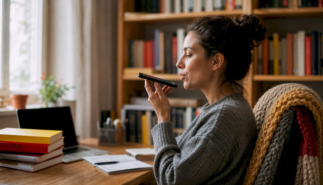 Close-up of person recording Spanish audio indoors
