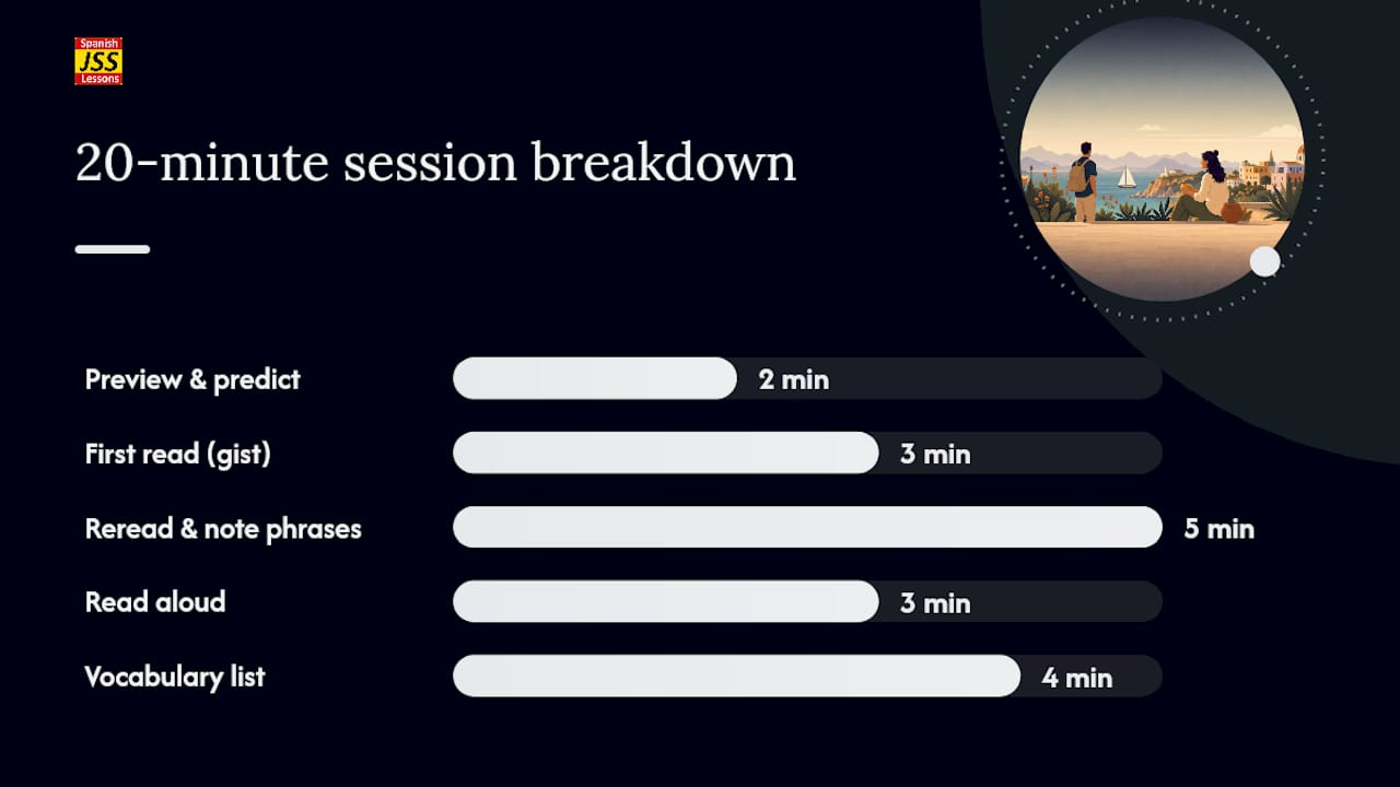 Time breakdown of 20-minute Spanish reading session