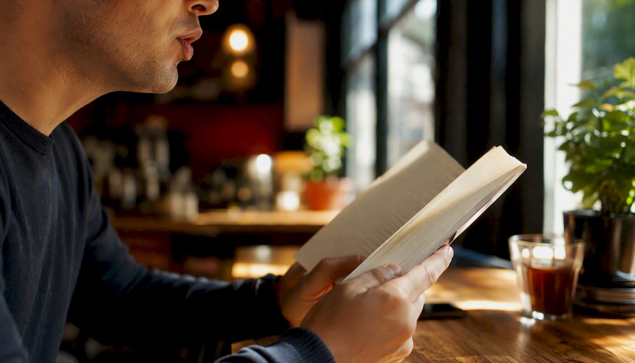 Person silently mouthing words while reading Spanish