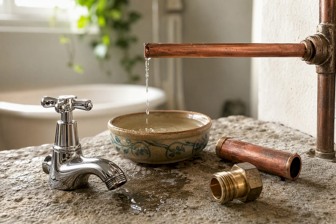 Plumbing parts showing tap, pipe, and leak