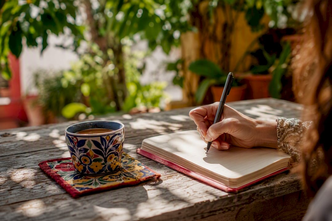 Hand writing Spanish story on rustic table