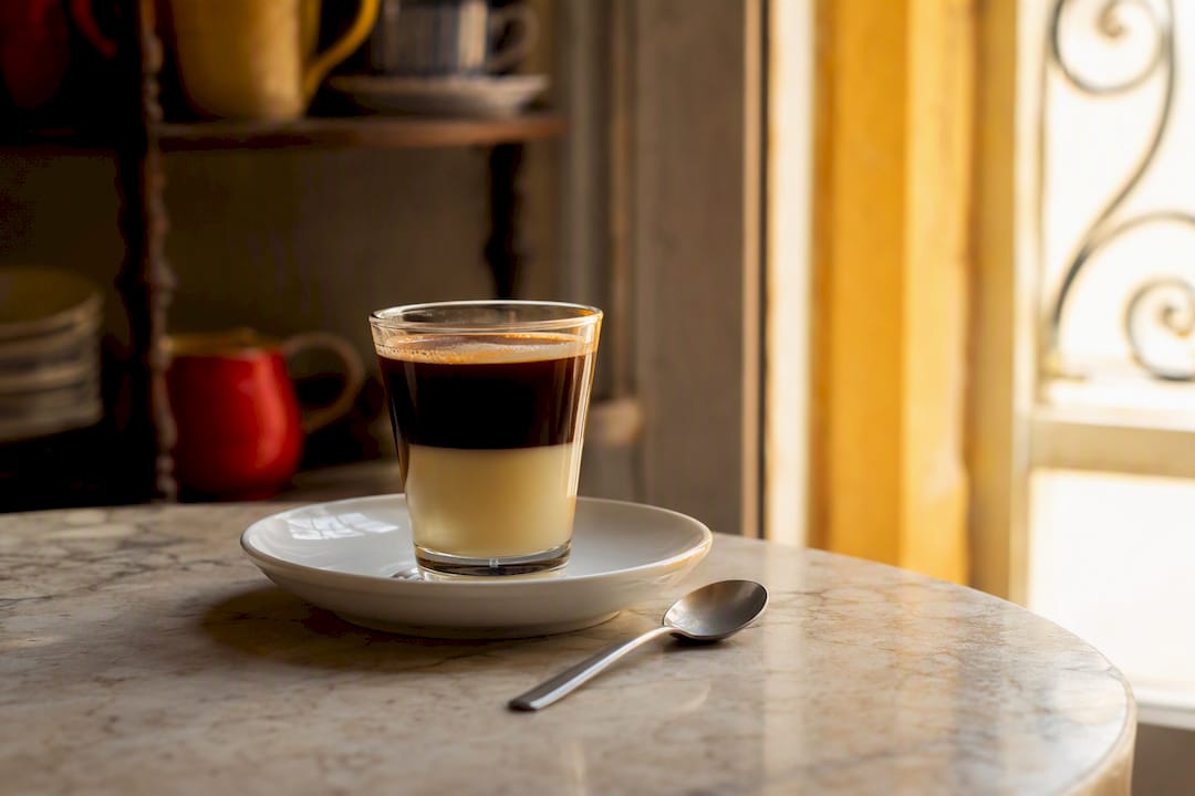 Layered coffee bombón with condensed milk in glass