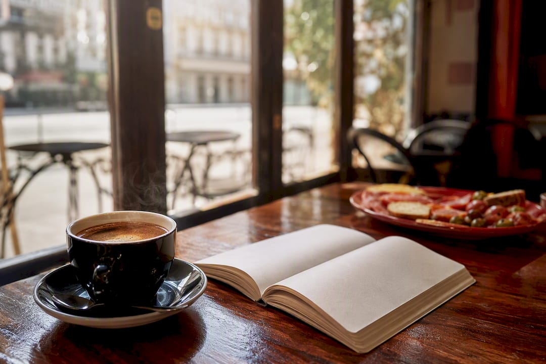 Coffee cup and phrase book on rustic windowsill