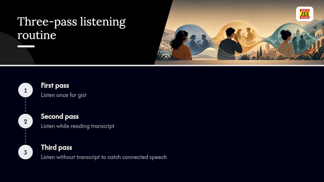 Three-pass listening practice sequence