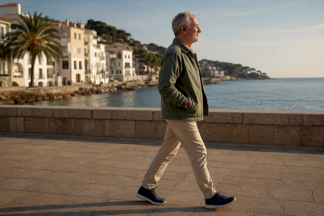 Older learner listening while walking