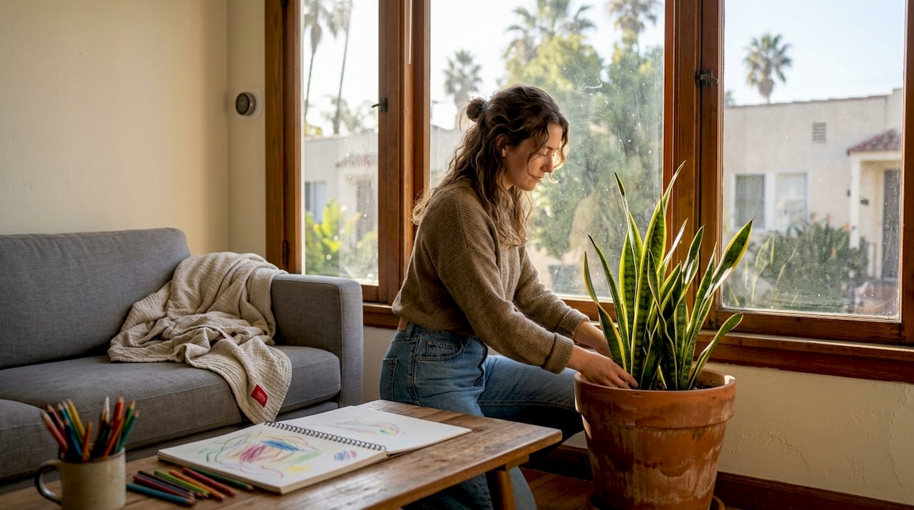Resident tending plant in LA eco-friendly home