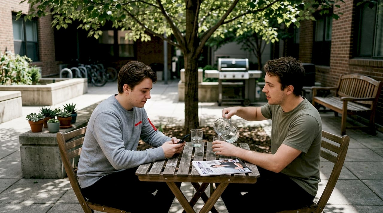 Residents using shared courtyard in multi-family complex
