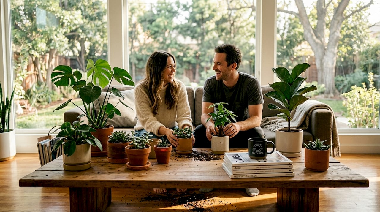 Contemporary living room with large windows and plants