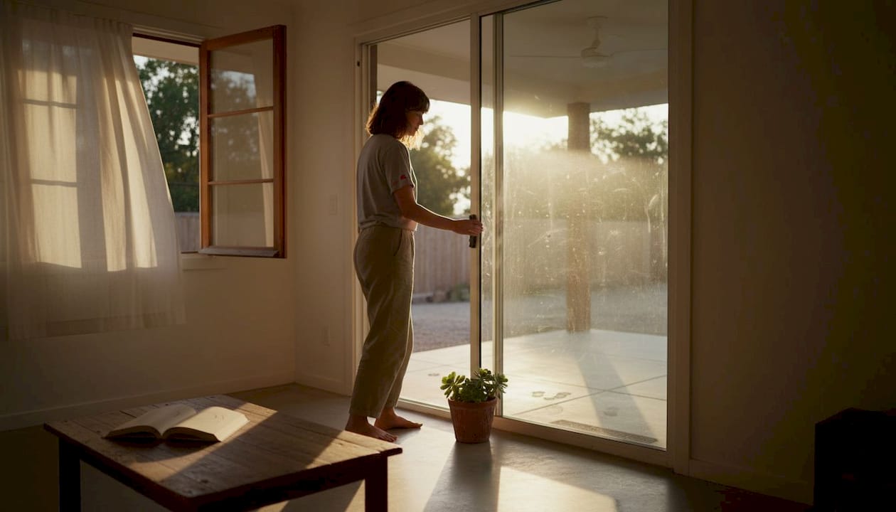 Opening patio door showing passive design features
