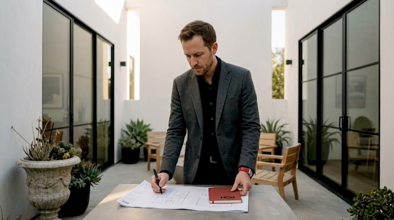 Architect reviewing plans in minimalist LA courtyard
