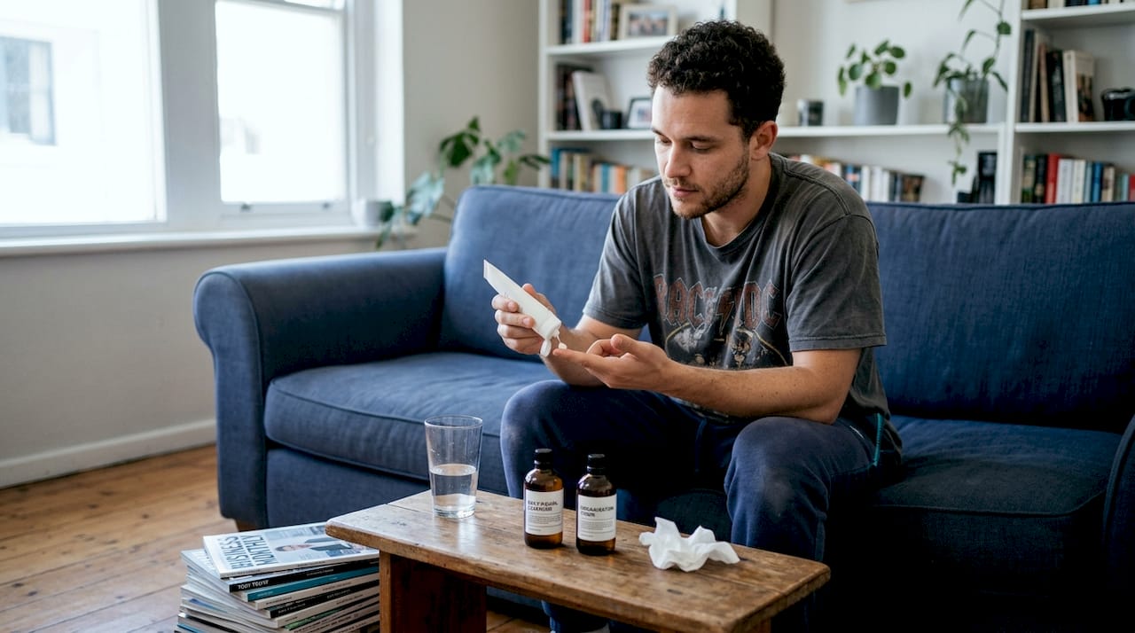 Man starting daily skin care routine at home