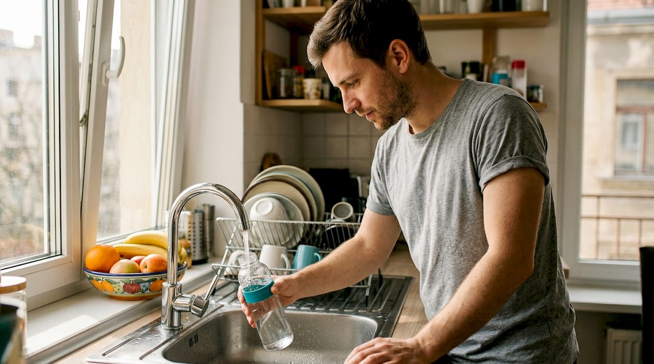 Man refilling water bottle in home kitchen
