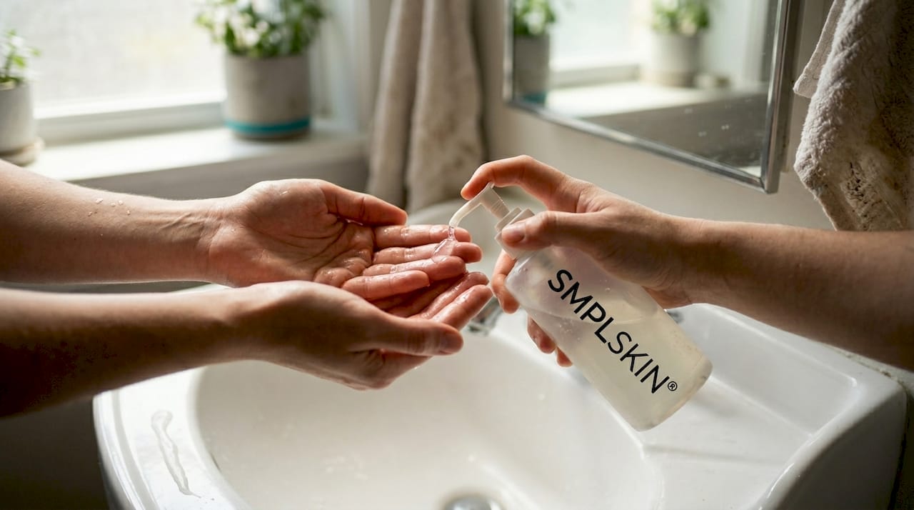 Hands applying gentle cleanser over bathroom sink