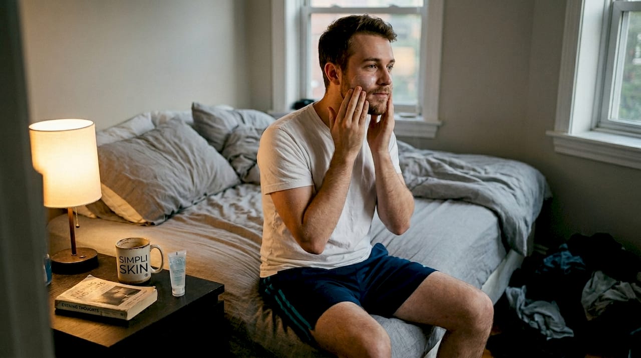 Man applying moisturizer in home bedroom