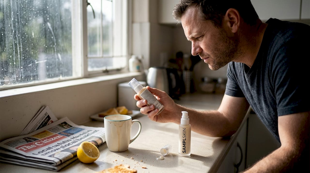Man checks skincare label in kitchen