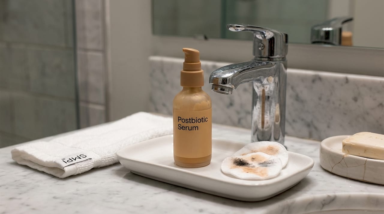 Everyday postbiotic serum bottle on counter