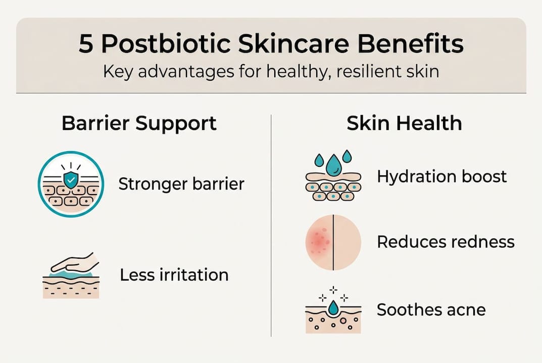 Infographic showing 5 postbiotic skincare benefits