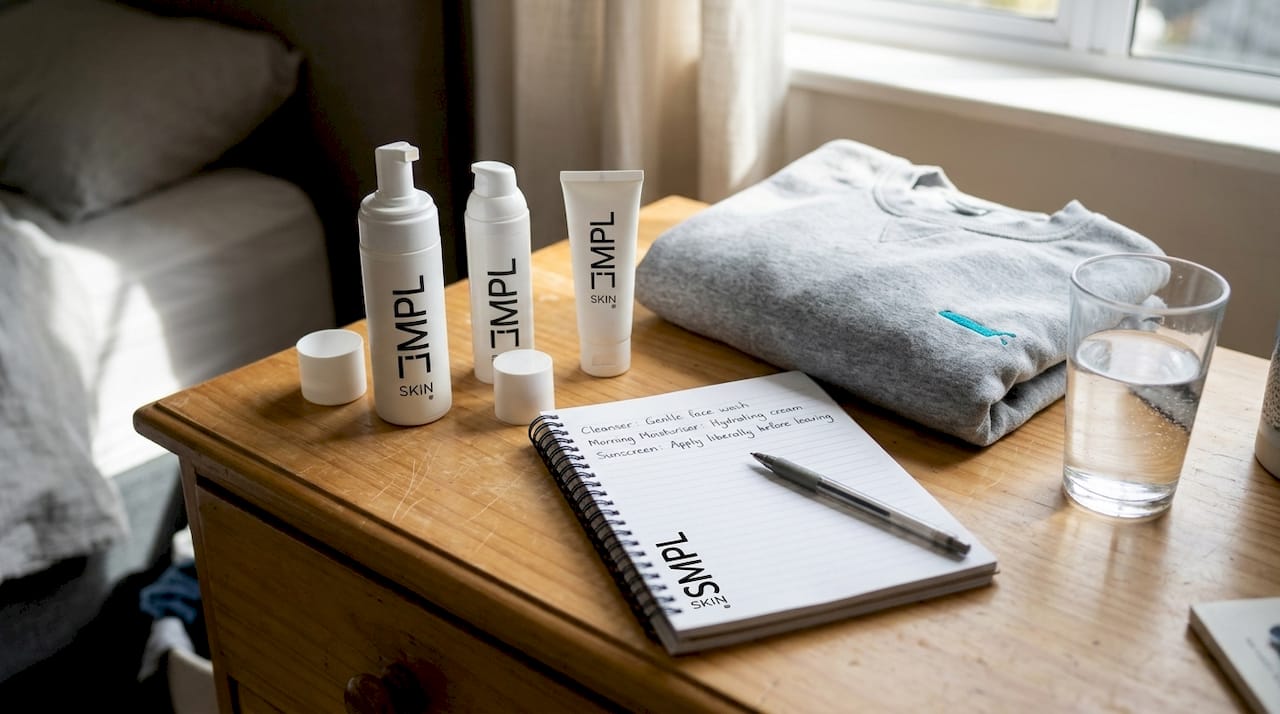 Minimalist skincare products on bedroom dresser