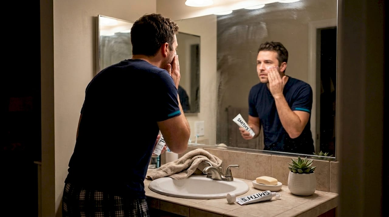 Man applying moisturizer during nighttime routine