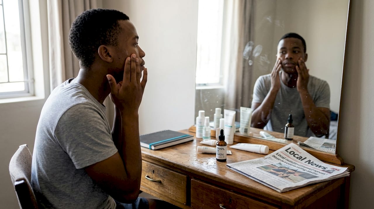 Man applies serum at cluttered dresser