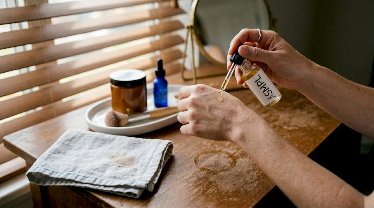 Close-up of hands applying skincare serum