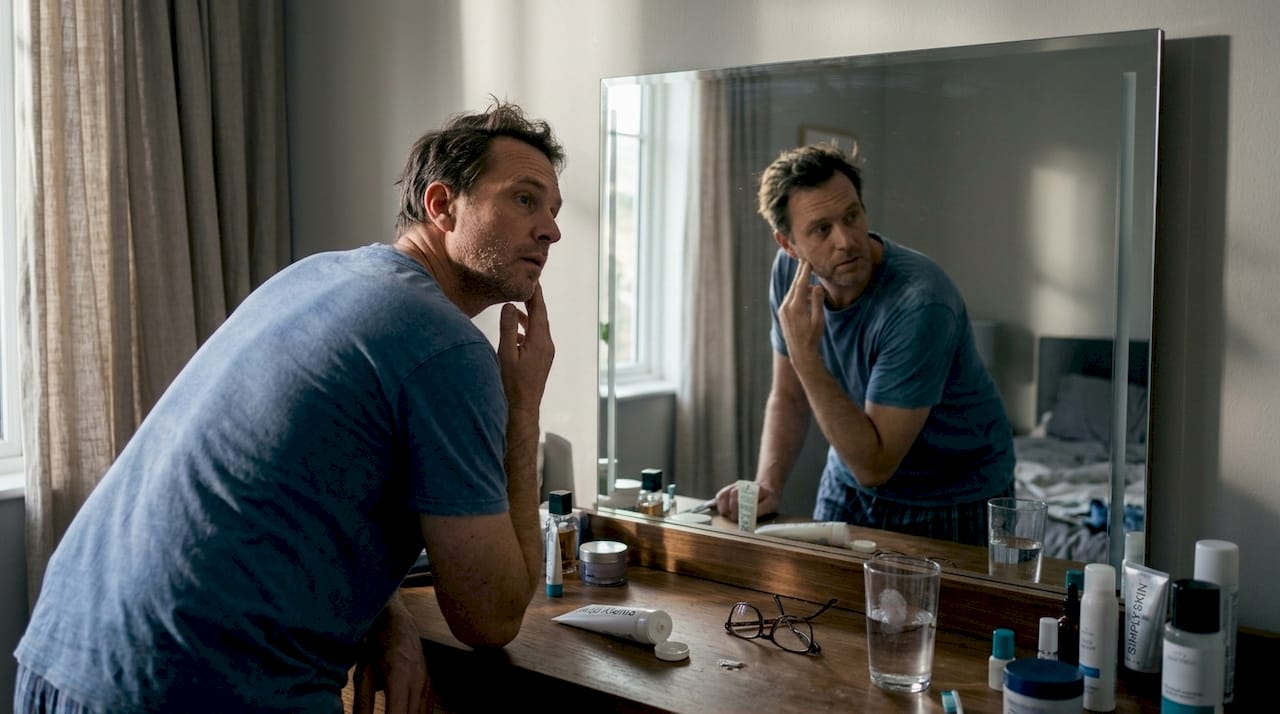 Man inspecting dry sensitive skin at mirror