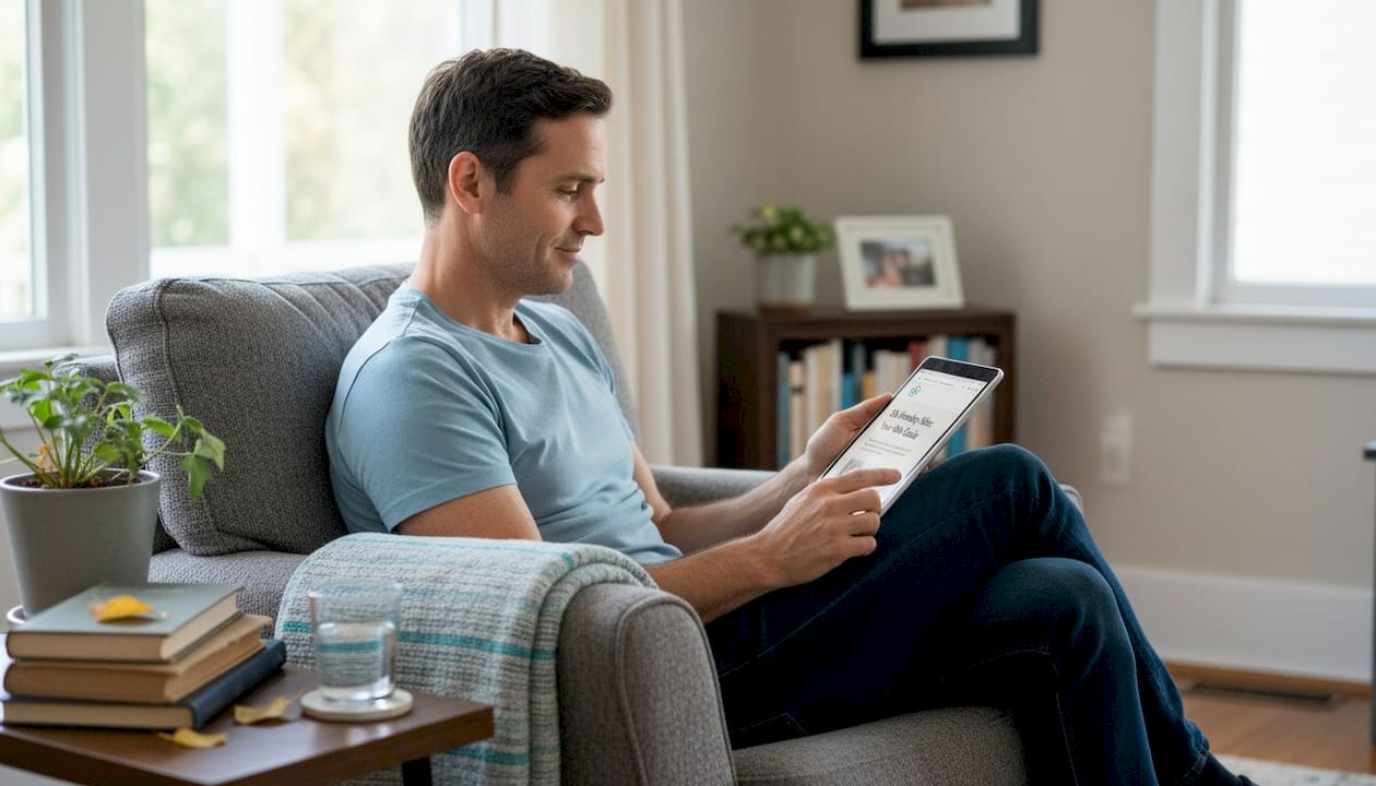 Man reading skincare article in living room