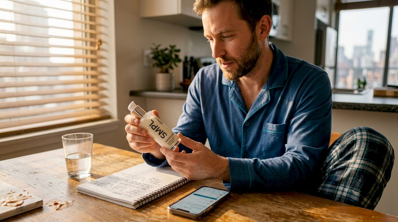 Man reading skincare label at dining table