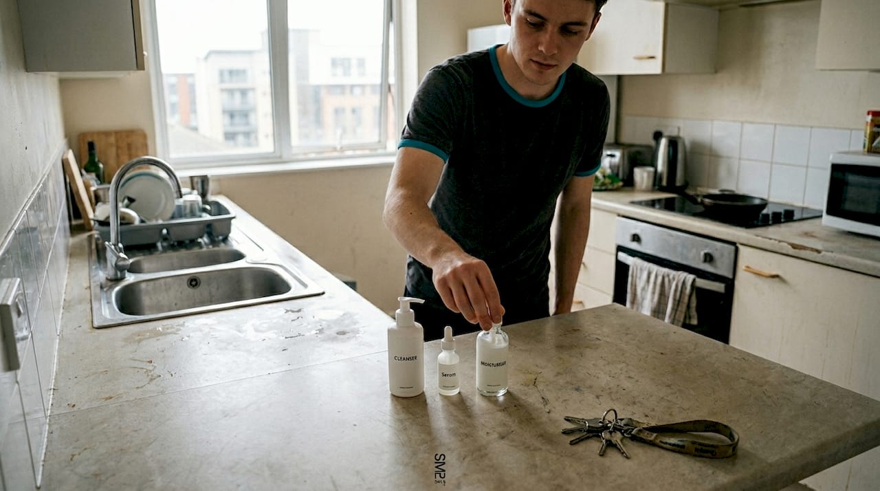 Man reaching for skincare products by sink