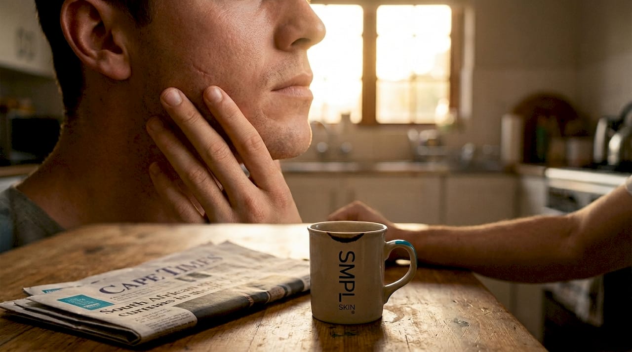 Close-up man checks skin texture at home