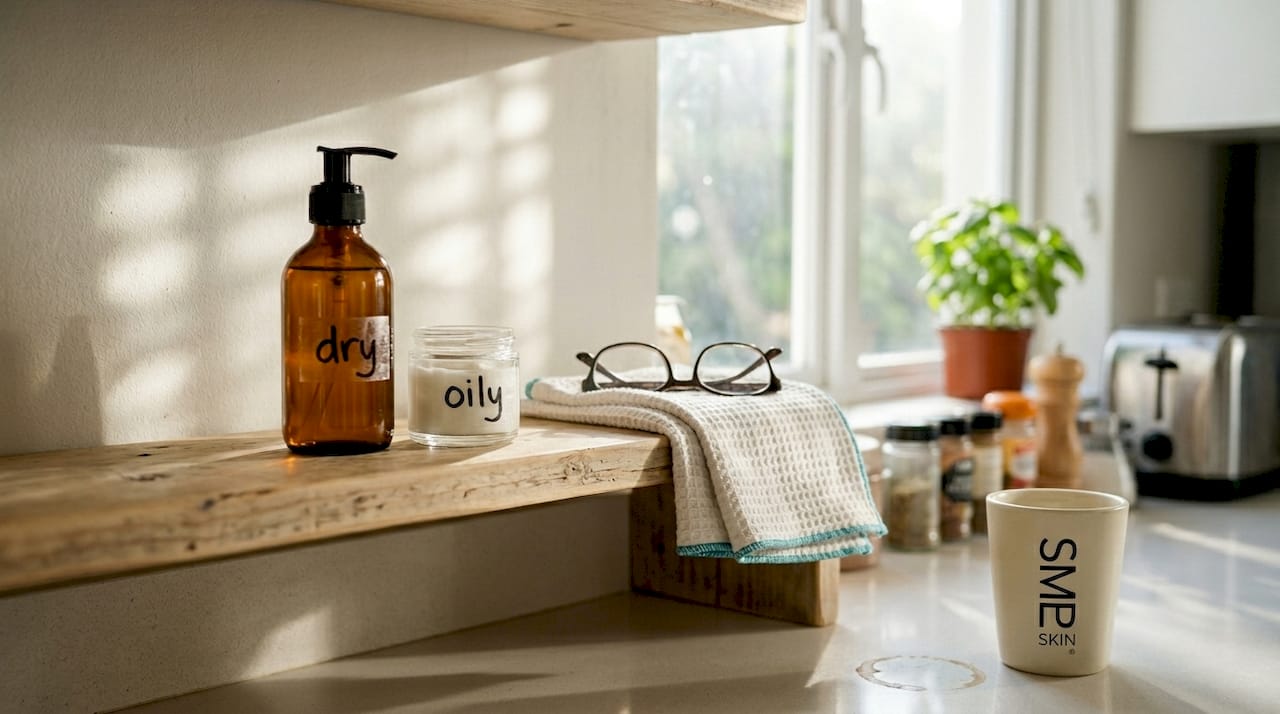 Labeled skincare bottles by skin type