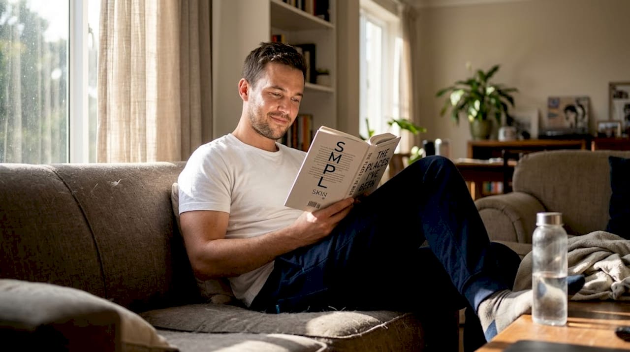 Man with healthy skin reading at home