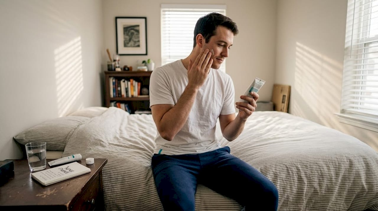 Man choosing simple skin care products