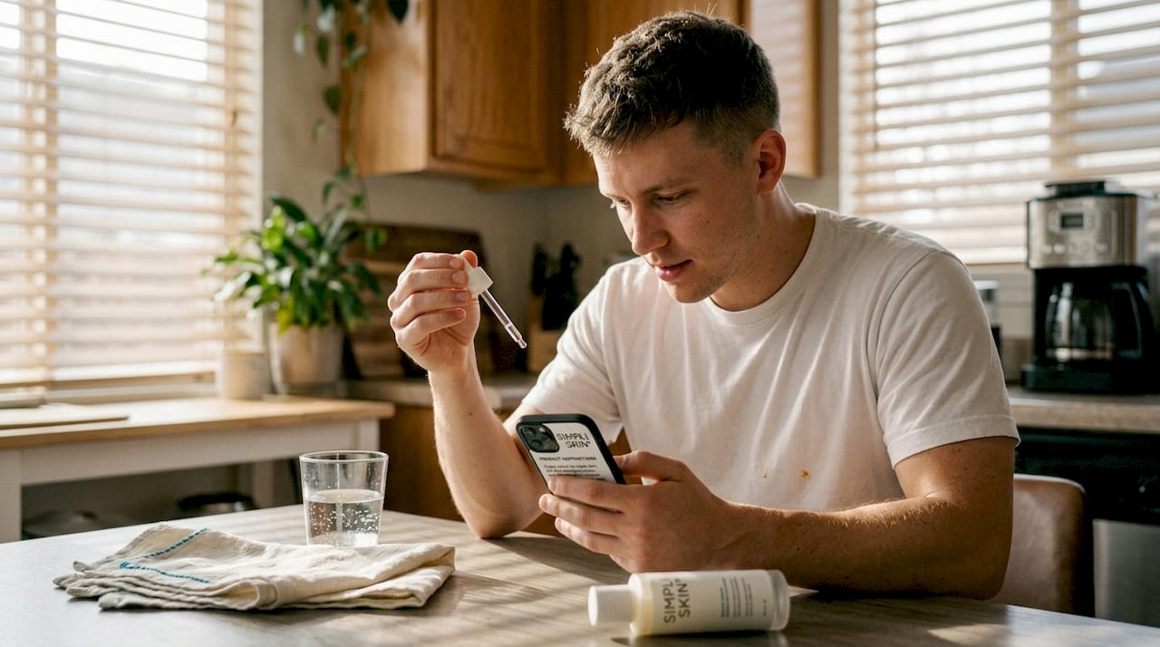 Man reads skincare instructions at table