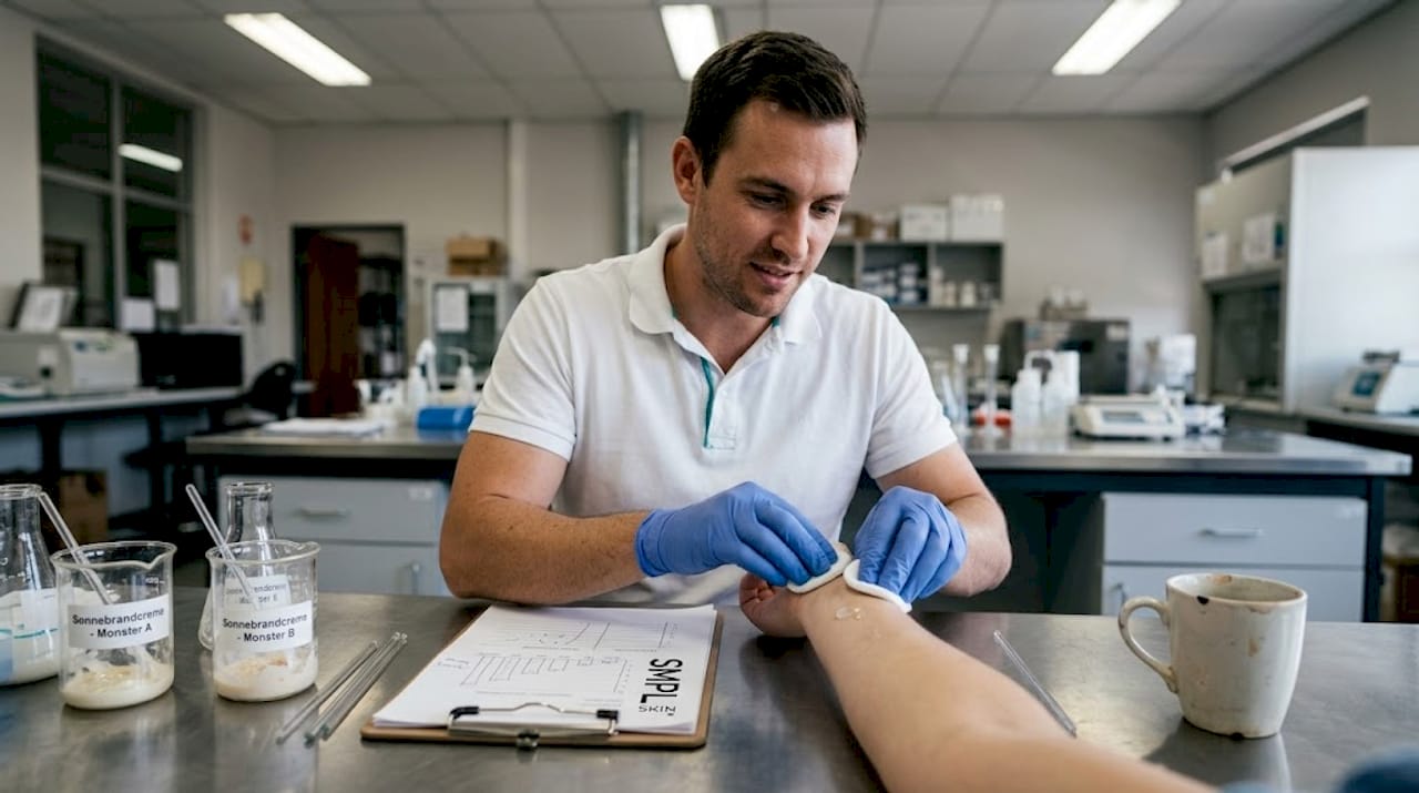 Researcher cleansing sunscreen residue from test subject