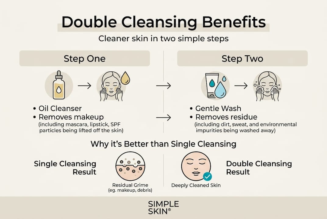 Infographic with double cleansing steps and key benefits