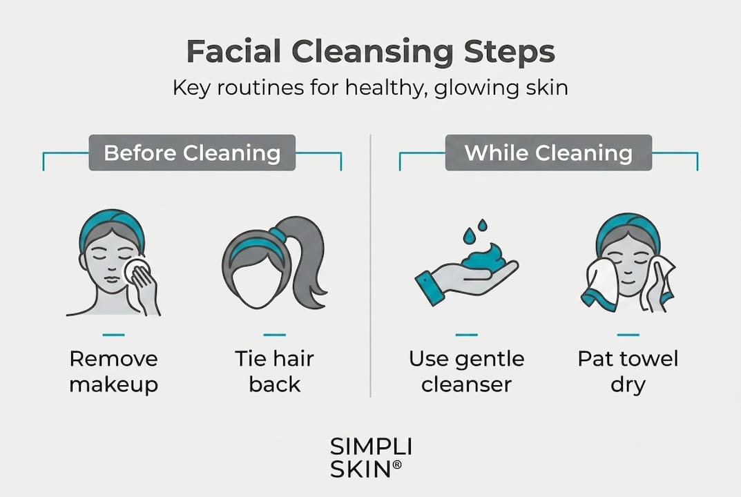 Infographic showing step-by-step facial cleansing