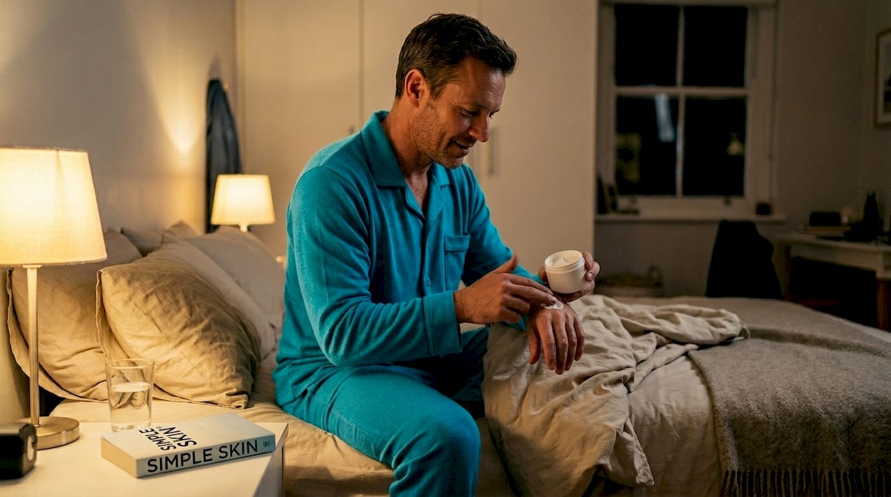 Man applying cream during evening skin routine