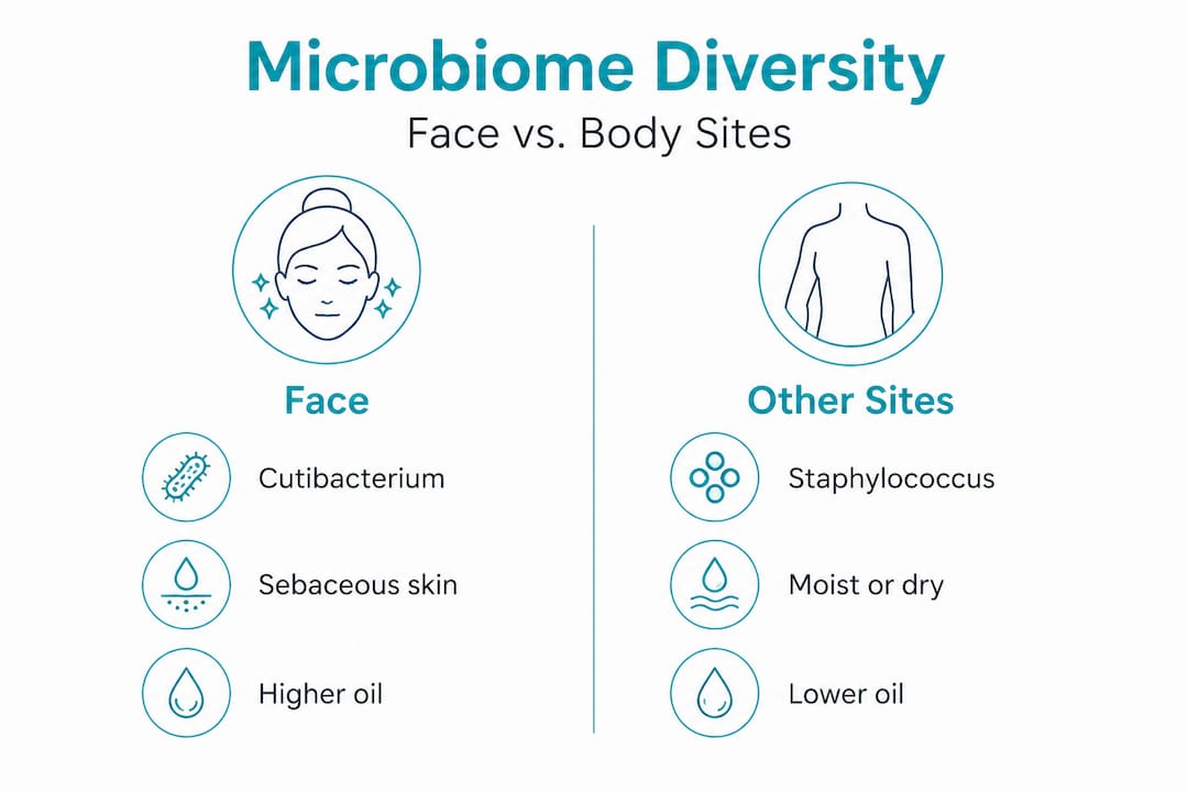 Infographic comparing face and body skin microbiome