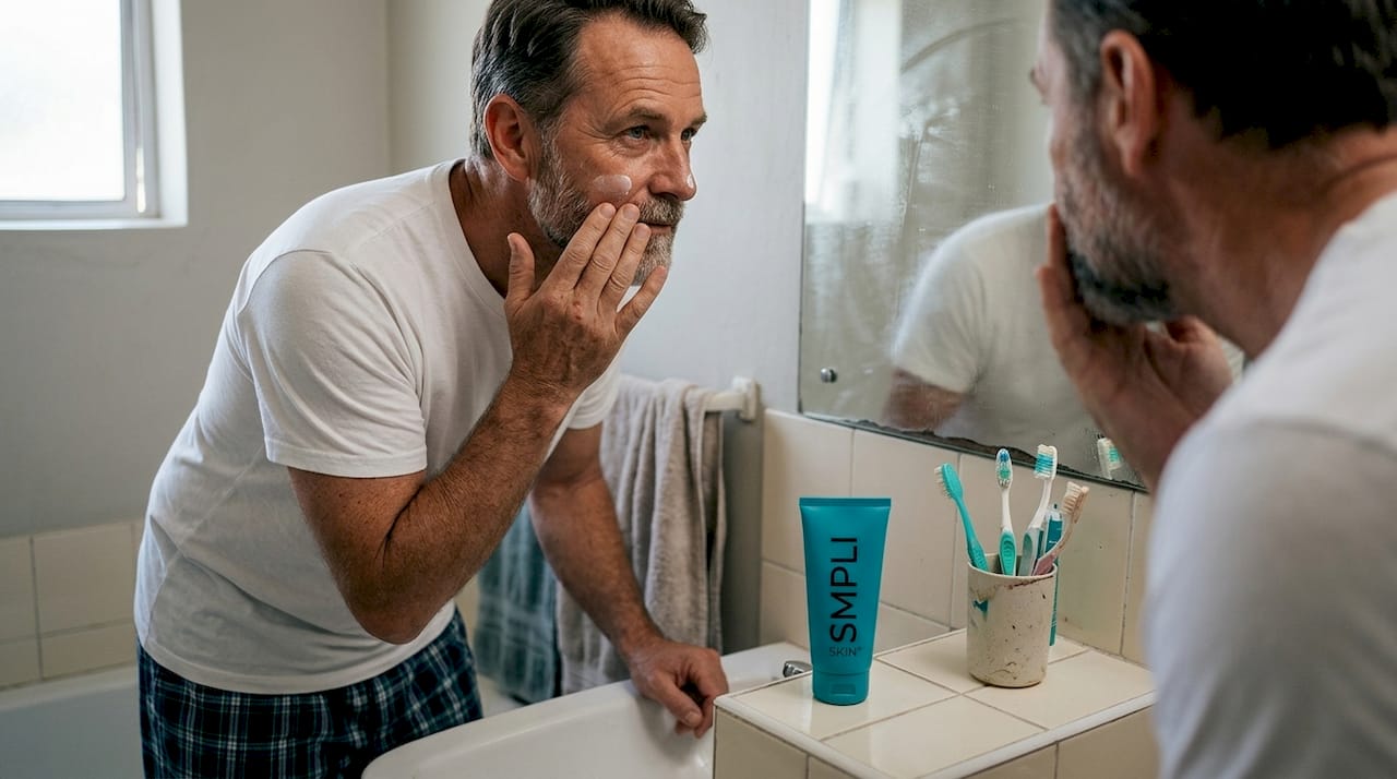 Older man applies sunscreen at bathroom sink