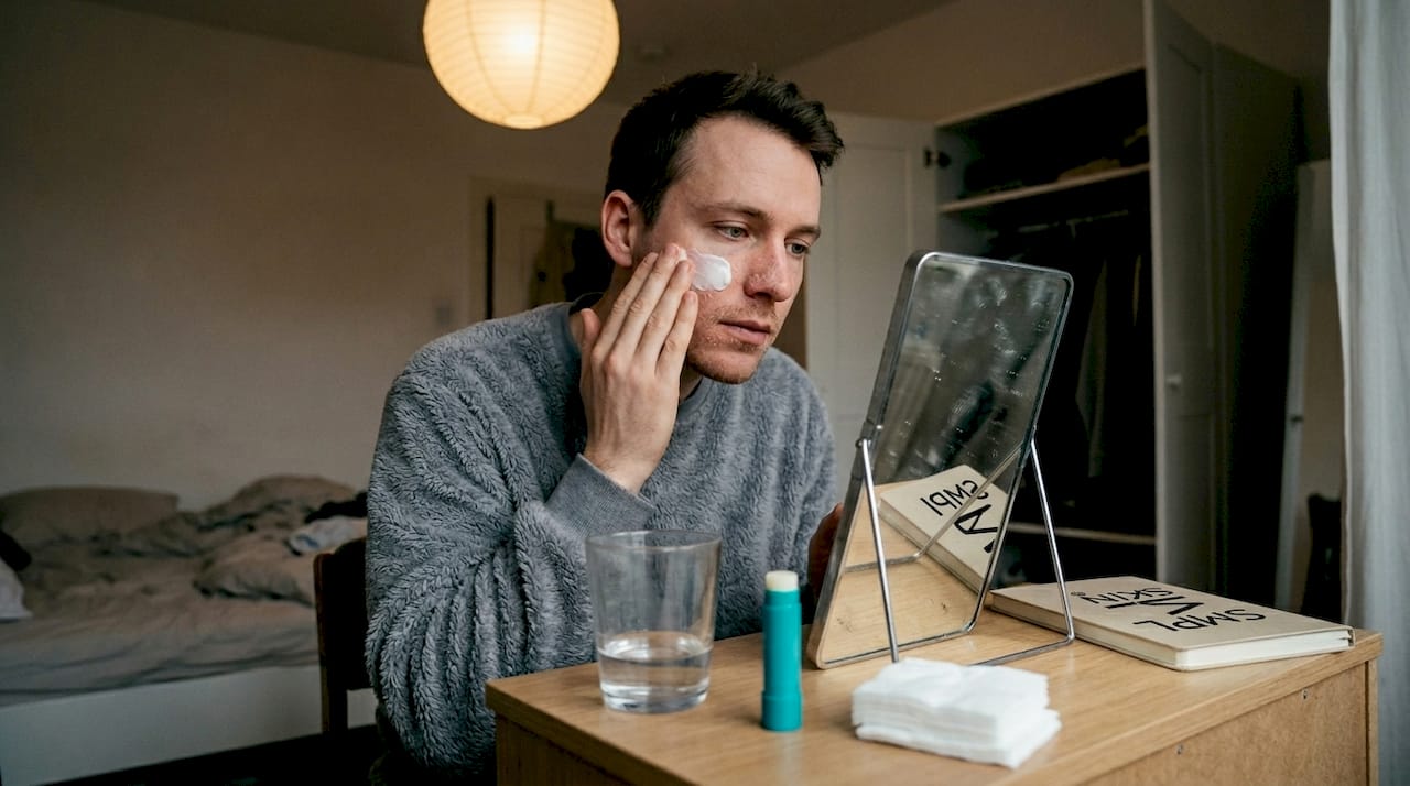 Man moisturising dry skin before makeup