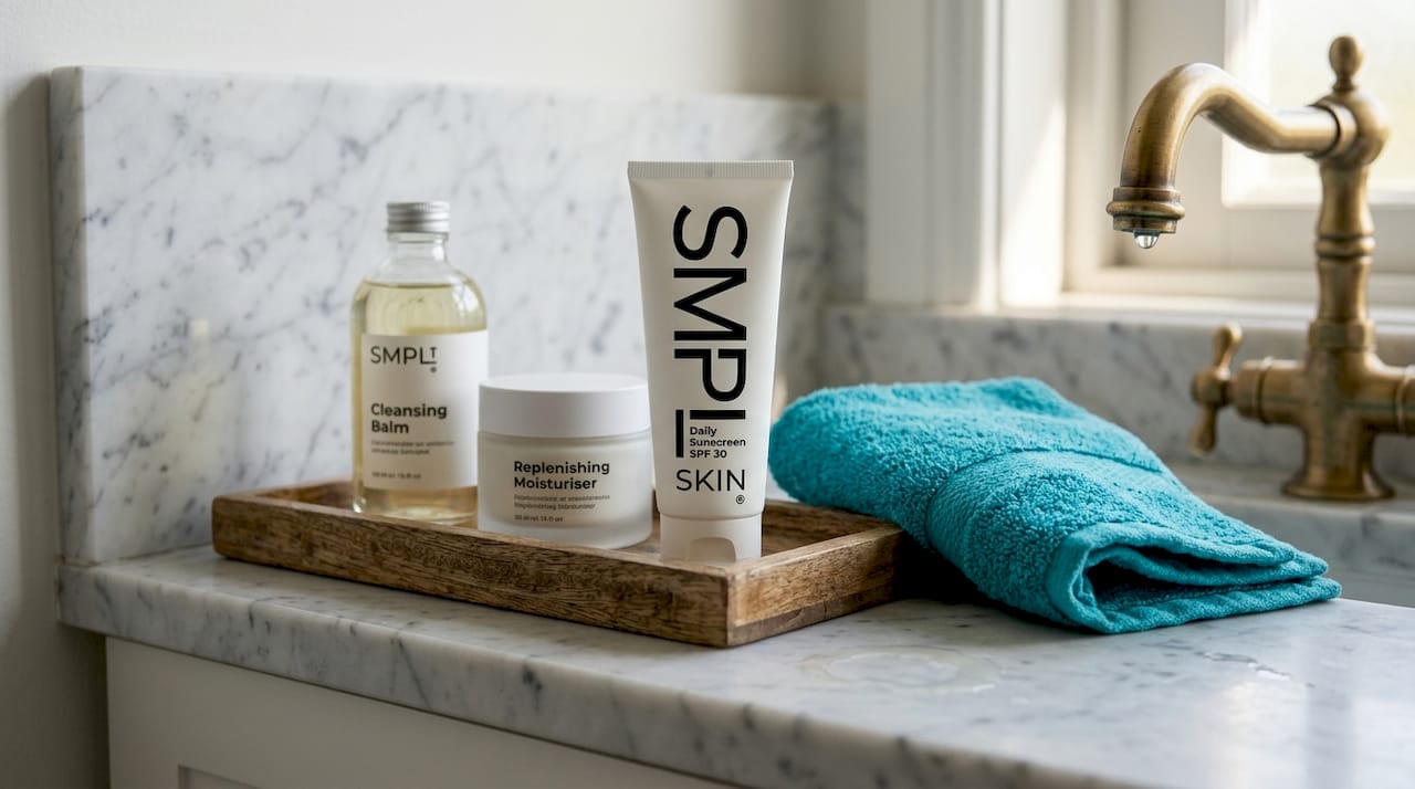 Skincare products on wooden tray in bathroom