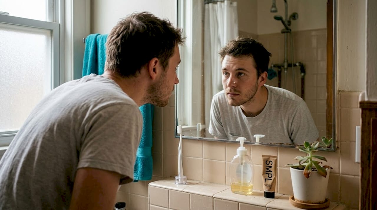 Man examining facial shine in bathroom mirror