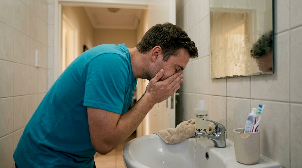 Man using gentle cleanser at sink
