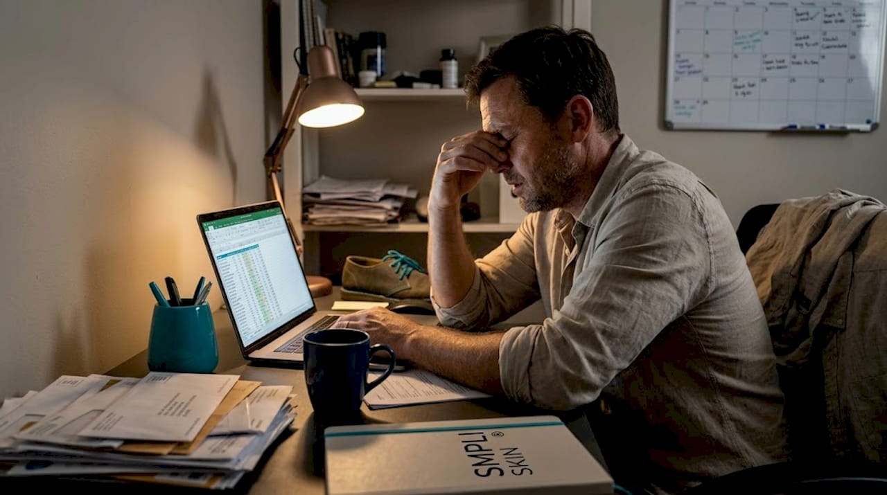 Man at desk showing visible tiredness