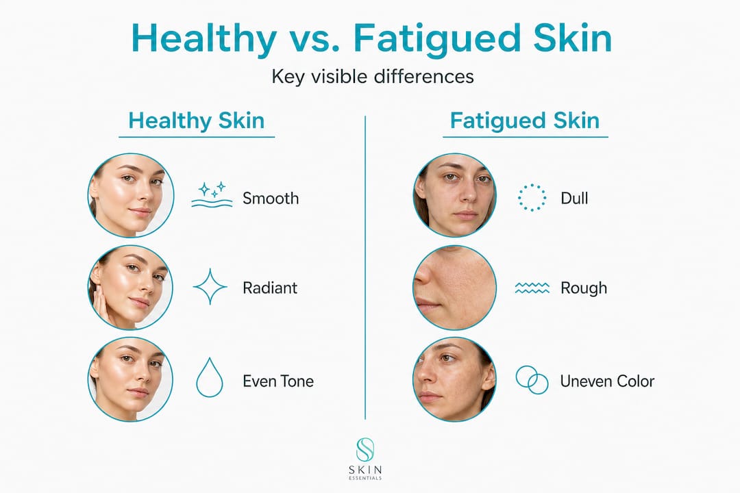 Infographic comparing healthy and fatigued skin