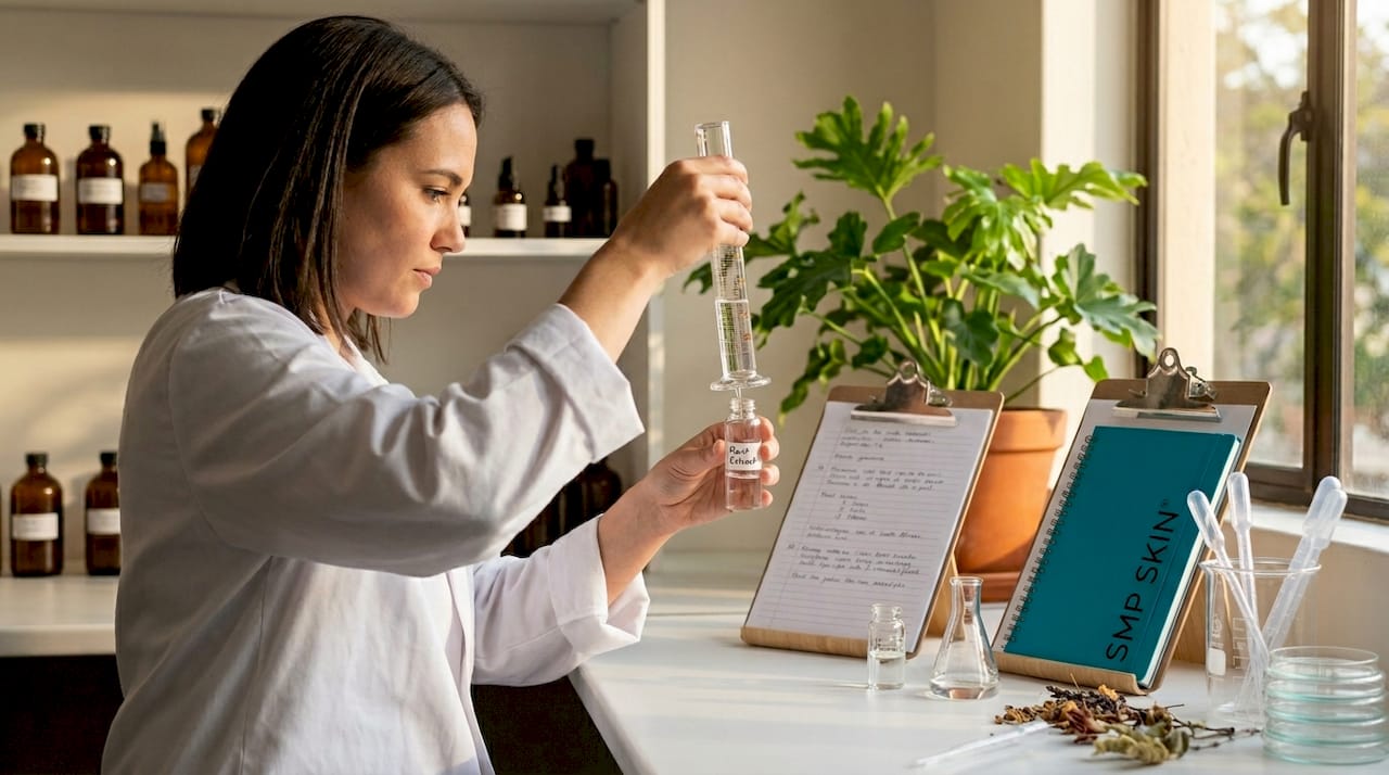 Lab technician preparing plant-based skincare extract