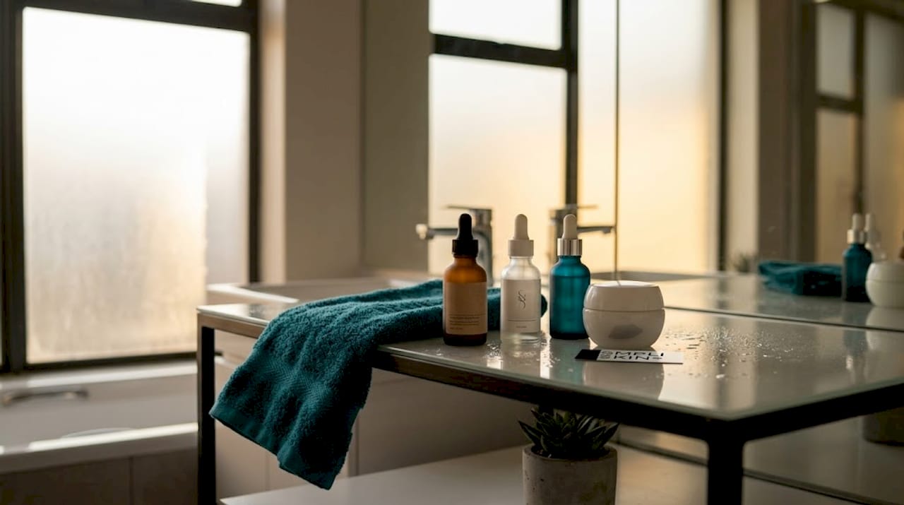 Assorted skincare serums on vanity table